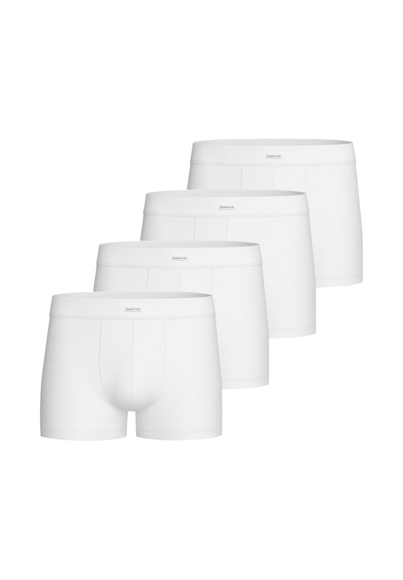 Four pairs of white cotton boxer briefs with a smooth finish, elastic waistbands, and no visible patterns or designs.