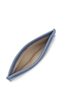 Blauwe leren zak met een gladde buitenkant en contrasterend stiksel, met een zachte tan stof aan de binnenkant en een langwerpige, smalle vorm.