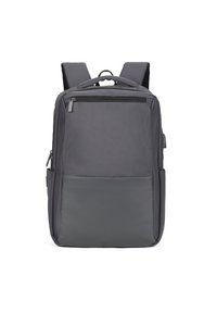 Zaino grigio con un fronte in tessuto texturizzato, pannello inferiore liscio, spallacci imbottiti e regolabili, manico superiore e compartimenti con zip.