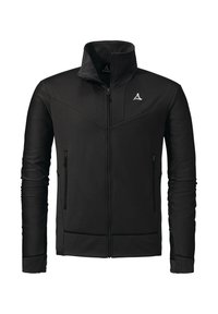 Schwarze Jacke mit hohem Kragen, Reißverschluss vorne, Seitentaschen, strukturiertem Stoff und tonalem Nähen. Mit einem Logo auf der oberen linken Seite.