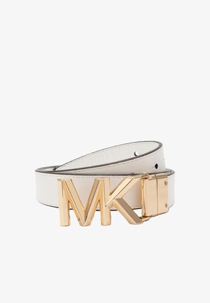Ceinture en cuir blanc avec une boucle logo "MK" brillante de couleur or. Dotée d'une doublure intérieure texturée et de trous ajustables pour un ajustement parfait.