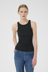 Débardeur noir à côtes avec encolure ras du cou et sans manches, associé à un jean droit bleu. Design simple et ajusté, texture lisse.