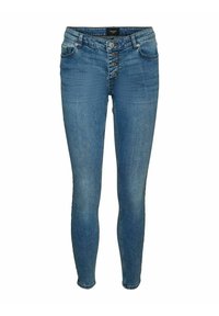 Skinny jeans in medium blue denim, featuring five buttons at the waistband, two front pockets, and a classic five-pocket design.
