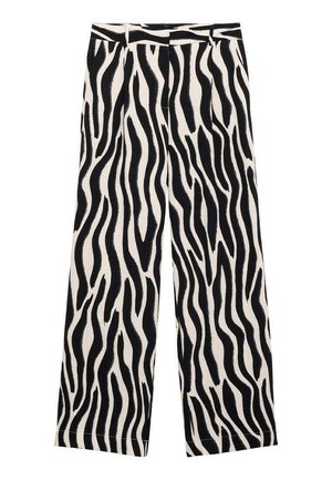 Pantaloni a gamba larga con un audace motivo a strisce zebra in bianco e nero, realizzati in un tessuto leggero con una texture liscia.