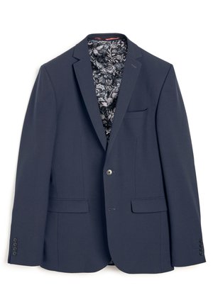 Marineblazer aus strukturiertem Stoff, mit Reverskragen, zwei vorderen Taschen und einem dekorativen Futter mit Blumenmuster. Ärmelabschlüsse mit vier Knöpfen.