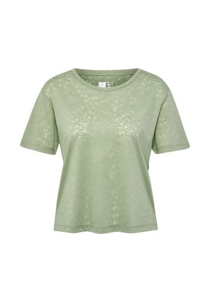 Korte mouw, ronde hals t-shirt van zacht lichtgroen stof met een subtiele patroonstructuur. Classic fit met een eenvoudige uitstraling, geen zichtbare accenten.