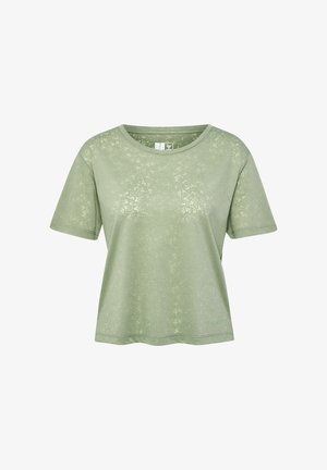 Kurzärmliges T-Shirt mit Rundhalsausschnitt aus weichem, hellgrünem Stoff mit einer subtilen strukturierten Textur. Klassische Passform mit schlichtem Design, ohne sichtbare Akzente.