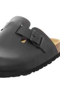 Black closed-toe sandal with a smooth plastic upper, adjustable buckle, natural cork footbed, and a textured rubber sole.