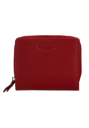 Punainen nahkainen lompakko, jossa on vetoketjuluukku. Lompakko on kohokuvioidulla logolla, suorakaiteen muotoinen, sileä pinta ja pieni tupsu vetoketjussa.