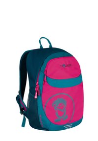 Otroška nahrbtnik v roza in teal barvi z sprednjim risanim logotipom, stransko mrežasto žepko, oblazinjenimi naramnicami in blagovno znamko "Trollkids".
