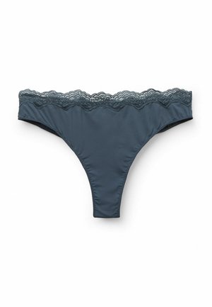 Ciemnoniebieskie stringi z koronkowym wykończeniem w pasie, charakteryzujące się gładką strukturą materiału oraz prostym, minimalistycznym designem.