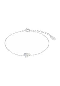 Pulsera de cadena de plata con un cristal rectangular y un acento de perla, con un cierre de langosta y cadena de longitud ajustable.
