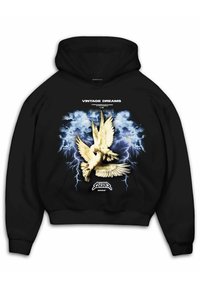 Black hoodie featuring a graphic design of two doves against a stormy sky background with lightning. Text reads "VINTAGE DREAMS" and "SEASON 2022."