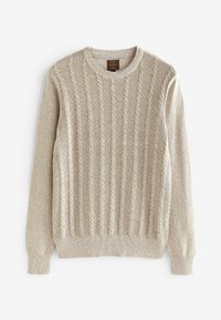 Beige Kabelstrick-Pullover mit Rundhalsausschnitt und langen Ärmeln, gerippten Bündchen, Saum und strukturiertem Strickmuster auf der Vorderseite.