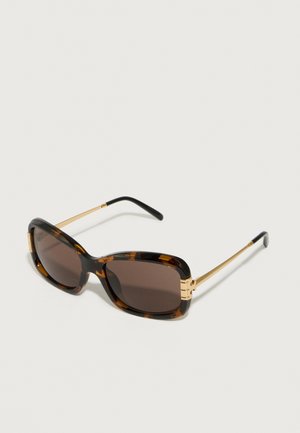 Tortoiseshell sunglasses with a rectangular frame, brown lenses, and gold-tone metal accents on the hinges and temples.