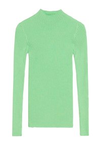 Ribbad långärmad topp i ljusgrön, med en hög hals och en figurnära design. Slät textur med en jämn vertikal mönstring.