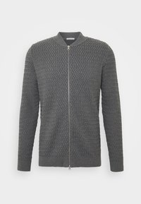 Grå stickad cardigan med ett texturerat mönster, dragkedjeslutning, ribbade ärmslut och krage. Lämplig för lager-på-lager-styling.