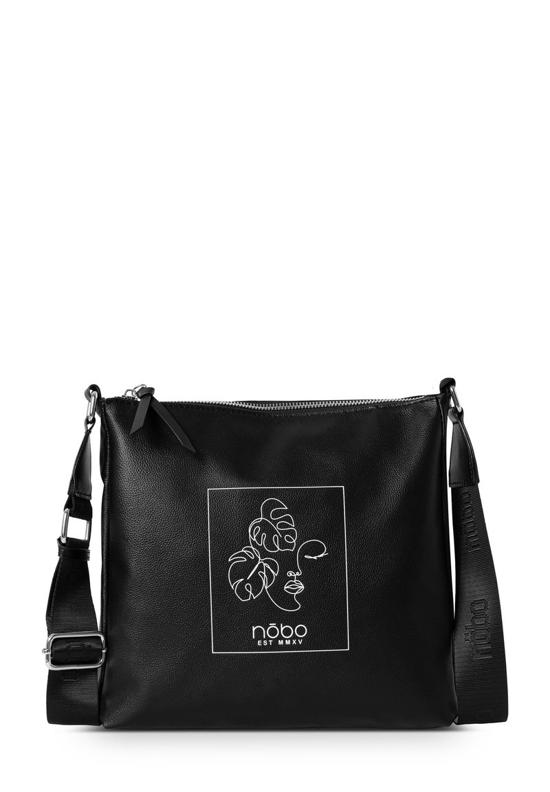 Zwarte leren crossbody tas met een ritssluiting, een portretlijntekening en een verstelbare schouderband met geperst logo.