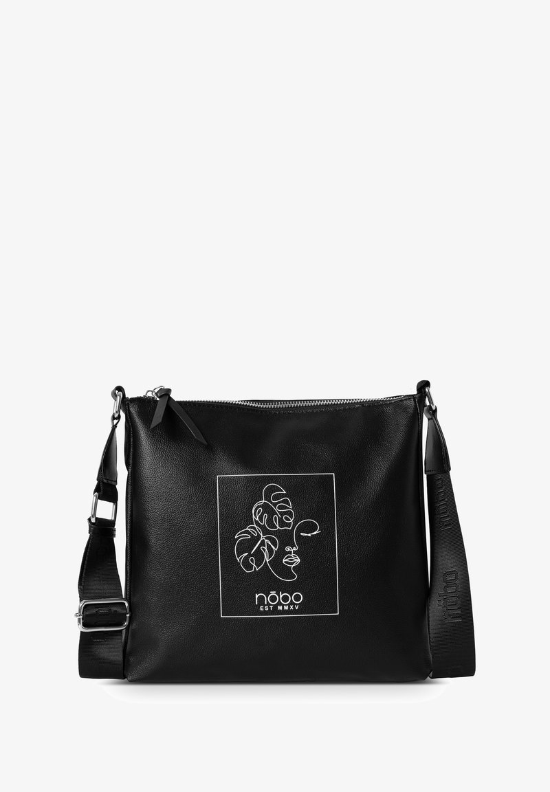 Zwarte leren crossbody tas met een ritssluiting, een portretlijntekening en een verstelbare schouderband met geperst logo.