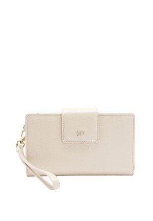 Jasno beżowy skórzany portfel o fakturowanym wykończeniu, z zatrzaskiem i paskiem na nadgarstek. Posiada złoty akcent logo z przodu.