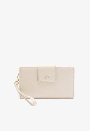 Jasno beżowy skórzany portfel o fakturowanym wykończeniu, z zatrzaskiem i paskiem na nadgarstek. Posiada złoty akcent logo z przodu.