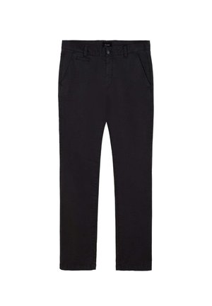 Pantalones de algodón negros de corte recto, con cierre de botón, trabillas para cinturón y bolsillos frontales, textura suave y sin patrones visibles.