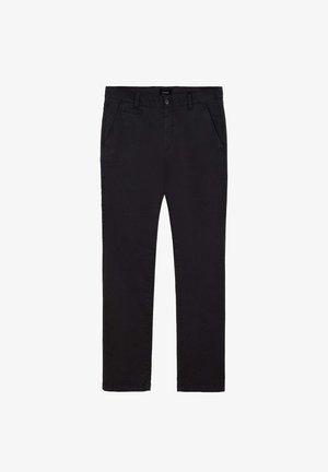 Pantalones de algodón negros de corte recto, con cierre de botón, trabillas para cinturón y bolsillos frontales, textura suave y sin patrones visibles.