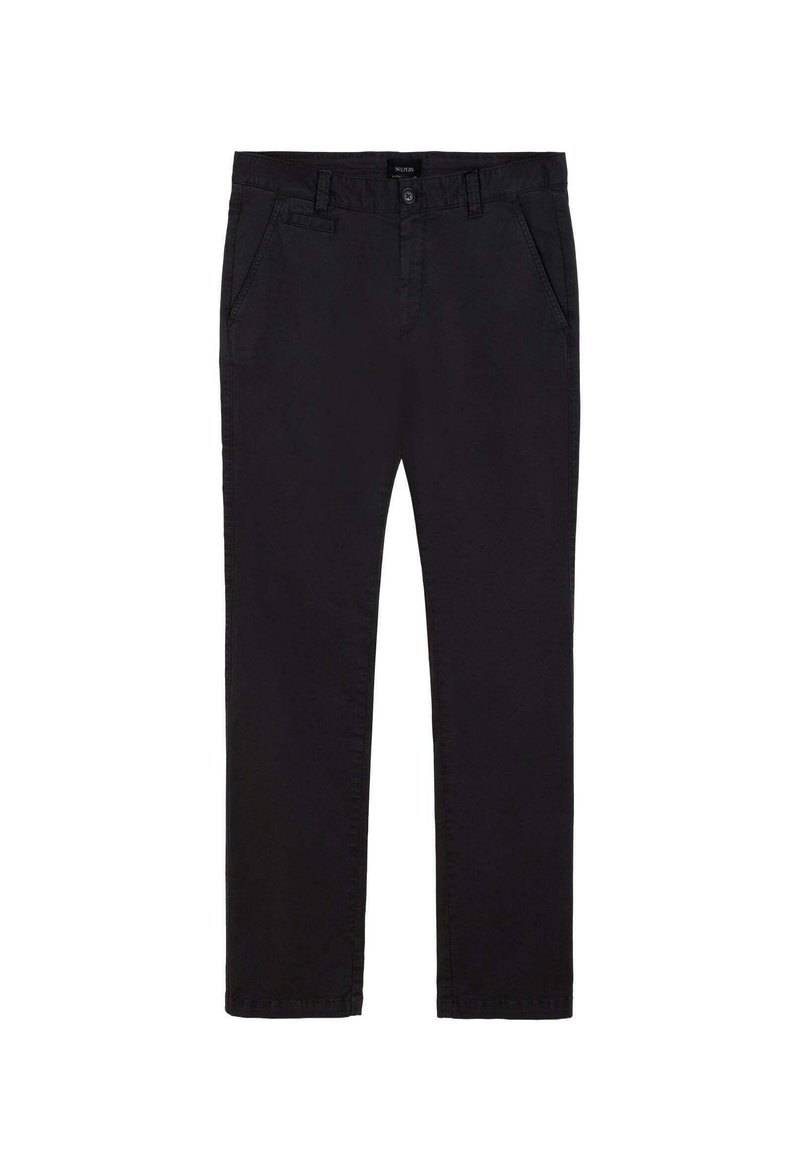 Pantalones de algodón negros de corte recto, con cierre de botón, trabillas para cinturón y bolsillos frontales, textura suave y sin patrones visibles.