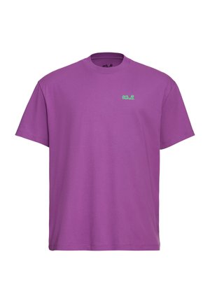 Lilanes Baumwoll-T-Shirt mit rundem Ausschnitt und kurzen Ärmeln. Verfügt über ein kleines grünes Logo auf der Brust. Weiche Textur, entspannter Schnitt.