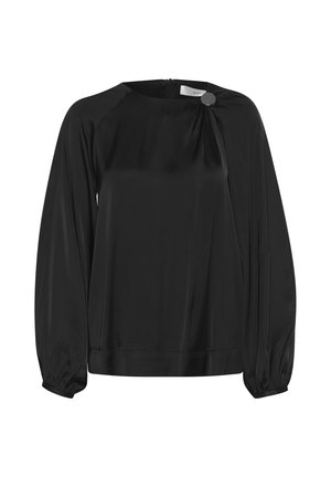 Blusa nera in satin con scollatura tonda, maniche lunghe e un dettaglio laterale con bottoni. Tessuto liscio e design fluido, aderente in vita.