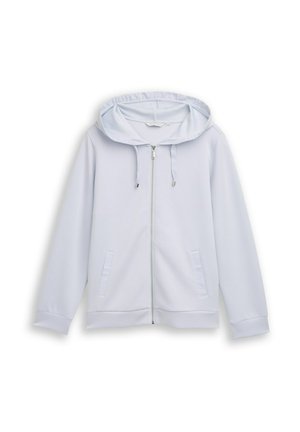 Lichtgrijze hoodie met rits, trekkoordkap, lange mouwen en twee zakken aan de voorkant, afgebeeld op een witte achtergrond.