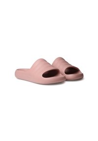 Rosa gummisandaler med öppen tådesign, med tre upphöjda horisontella ränder på ovandelen och en slät, matt yta.