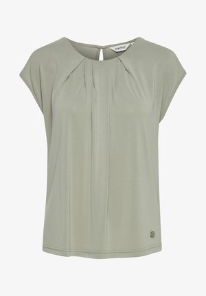 Ljusgrön kortärmad blus med veckad framsida och nyckelhålsöppning bak. Tillverkad av mjukt, slätt tyg. Subtil logotypdetalj.