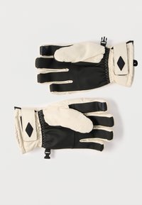Gants d'hiver noirs et crème avec paume texturée, poignet élastique et clip de manchette ajustable ; conçus pour la chaleur et l'adhérence.