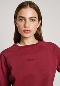 Felpa bordeaux con colletto tondo e maniche raglan. Presenta un logo sottile in lettere scure sul petto. Tessuto morbido.
