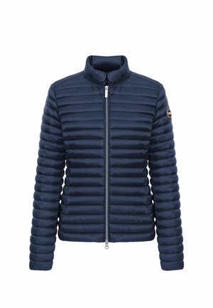 Navy blue quilted lightweight jacket with horizontal stitching, stand collar, front zipper, and logo patch on the upper left sleeve.