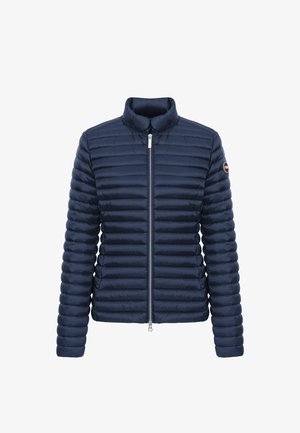 Navy blue quilted lightweight jacket with horizontal stitching, stand collar, front zipper, and logo patch on the upper left sleeve.