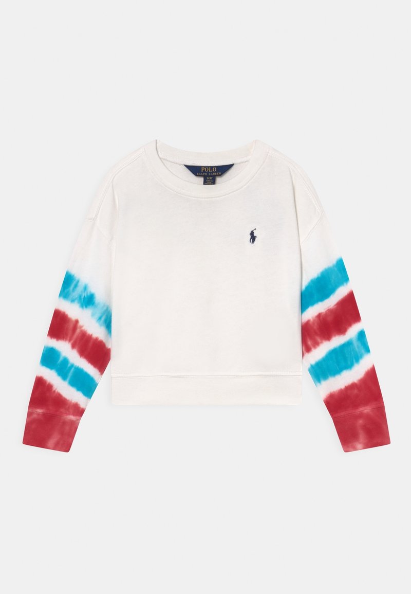 Sweat-shirt blanc col rond avec des rayures tie-dye bleues et rouges sur les manches et un petit logo Polo Ralph Lauren bleu marine sur la poitrine.