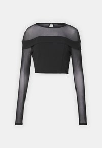 Schwarzes kurzes Oberteil mit langen transparenten Ärmeln, solidem Körper, gerundetem Ausschnitt und schulterfreiem Design. Verfügt über einen Rückenverschluss mit einer kleinen Schlaufe.