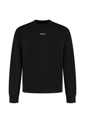 Black crewneck sweatshirt made of soft fabric. Features ribbed cuffs and hem, with a small white "BALLIN'" logo on the chest.