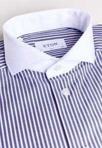 Camicia da uomo slim-fit blu e bianca con righe verticali e colletto a punta bianco, abbottonata al collo.