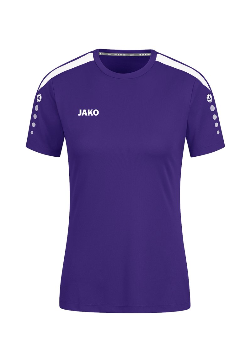 Maglietta sportiva viola con maniche corte, con accenti bianchi sulle spalle e dettagli circolari sulle maniche. Presenta il logo "JAKO" sul petto.