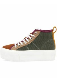 High-top sneaker featuring a mixed corduroy design in green, brown, and purple, with a white platform sole and contrasting laces.
