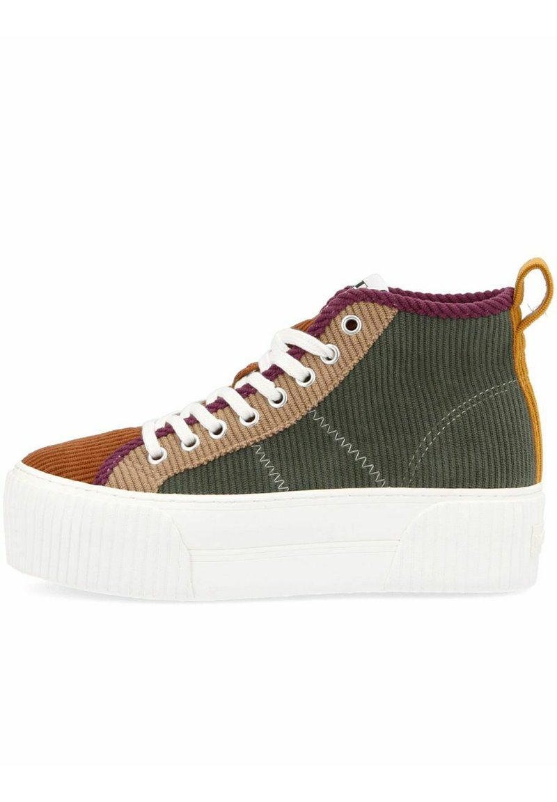 High-top sneaker featuring a mixed corduroy design in green, brown, and purple, with a white platform sole and contrasting laces.
