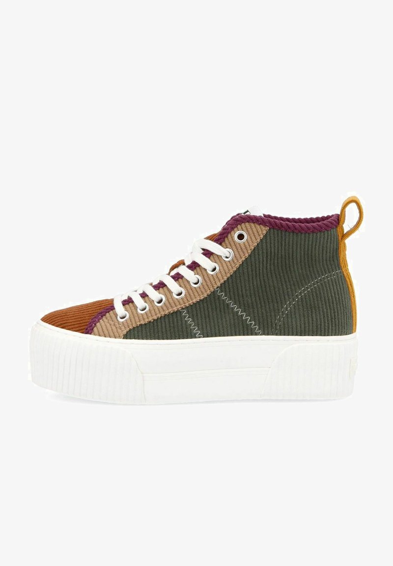 High-top sneaker featuring a mixed corduroy design in green, brown, and purple, with a white platform sole and contrasting laces.