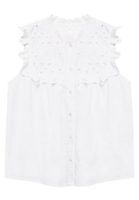 Blusa sin mangas blanca con un diseño de ojal bordado, cuello con volantes y cierre frontal de botones. Textura suave, corte casual.