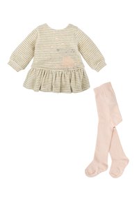 Vestido beige a rayas con falda acampanada y bordado de ratón rosa, combinado con medias rosa lisas. Tejido suave, de manga larga.