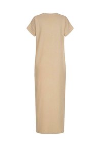 Beež Kleid, mis ulatub põlve, lühikeste varrukatega, ümmarguse kaelusega, pehmest ja siledast kangast, lihtsa ja sirge lõikega.