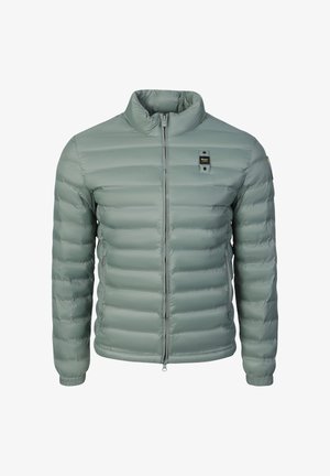 Hellgrüne wattierte Jacke mit Stehkragen, Reißverschluss vorne, elastischen Bündchen sowie kleinem schwarzem Etikett auf Brust und Ärmel.