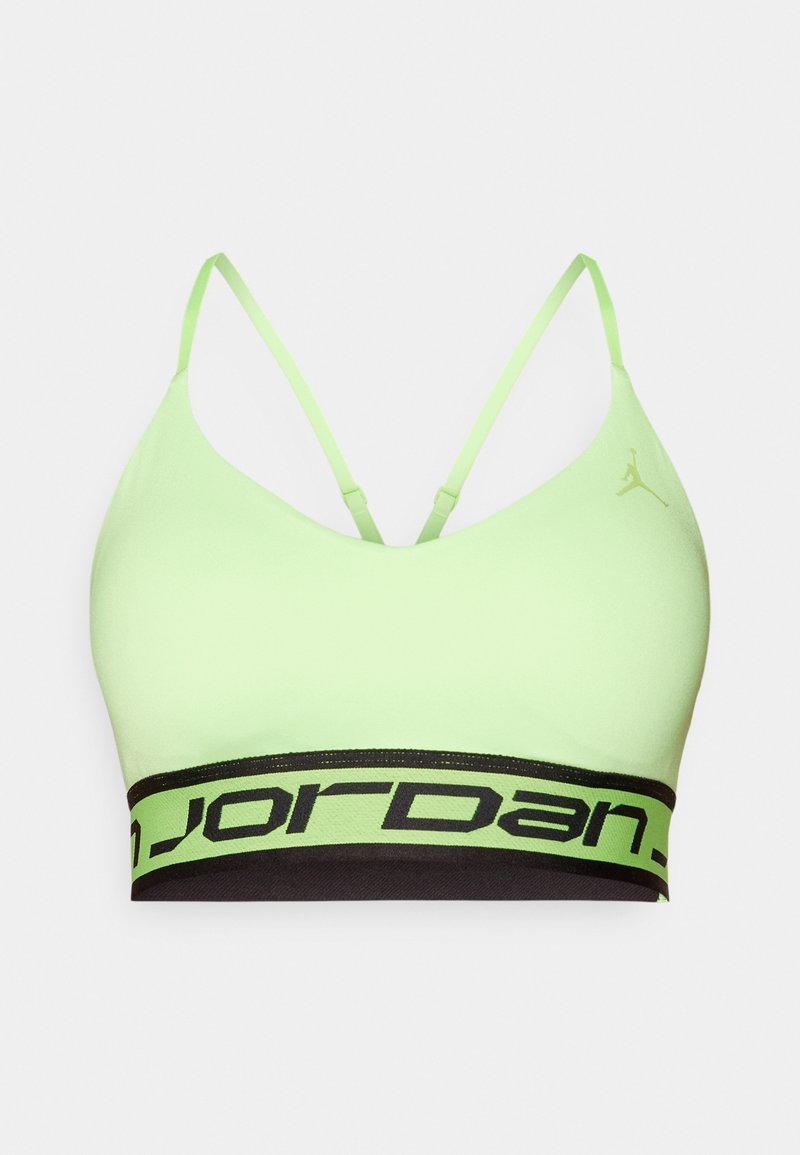 Sostén deportivo verde claro con banda negra y verde neón "JORDAN". Cuenta con tirantes ajustables tipo espagueti y textura de tela suave.
